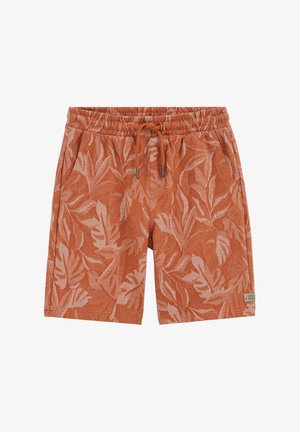 Rozsdavörös rövidnadrág világos levélmintával, elasztikus derékrésszel, húzózsinórral, oldalzsebekkel és kis szövetcímkével a szegélyen.