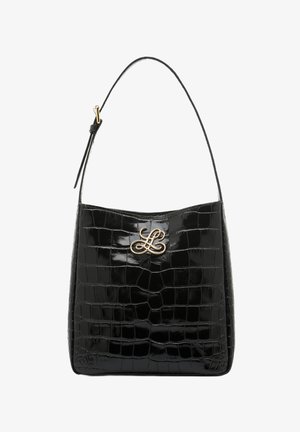Melna krokodila rakstainā ādas soma ar izliekto rokturi un zelta toņa logotipa akcentu priekšpusē. Gluda tekstūra un strukturēta forma.