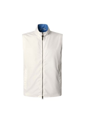 Witte mouwloze vest met een hoge kraag, voorzien van een rits aan de voorkant en een blauwe binnenvoering. Gemaakt van een gladde, lichte stof.