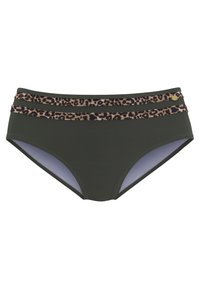 Augsta jostasvieta bikini apakšda tumši zaļā audumā ar leoparda raksta akcentiem un dubultām gumijām. Gluda tekstūra ar vienkrāsainām un rakstainām daļām.