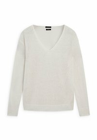 Biały sweter robiony na drutach z dekoltem w serek i długimi rękawami. Posiada ściągacze na mankietach i u dołu, a także teksturowaną powierzchnię. Styl casualowy, lekki materiał.