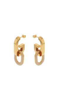 Guldörhängen med en geometrisk design som har ett framträdande stängningselement och en slät, avlång form; inkluderar en ljusare brun accent.