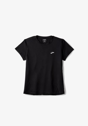 Musthave mustre tugevust, lühikeste varrukatega must spordipoli, ümar kaelus, veniv materjal, mis sisaldab diskreetset valget logo rinnal ja küljeõmbluse detaili.