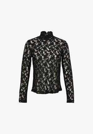 Czarny długi rękaw, wykonany z delikatnej koronki, z wysokim kołnierzem i kwiatowymi wzorami. Miękka tekstura z dopasowanym krojem.