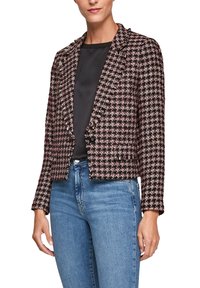 Svart och rosa tweedblazer med krage, öppen fram och två framfickor. Tyget har ett strukturerat mönster och en kortad design.