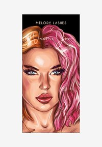 Illustrazione del volto di una donna con metà capelli arancioni e metà rosa mossi, occhi blu e labbra piene. Sfondo nero con il testo "Melody Lashes x Naomi Jon".
