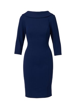 Robe bleu marine ajustée, au genou, avec des manches trois-quarts et un large col bateau.