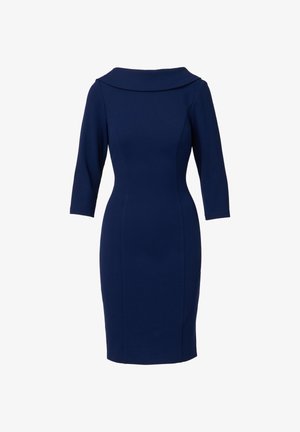 Marineblaues, figurbetontes knielanges Kleid mit Dreiviertelärmeln und weitem Bootsausschnitt.