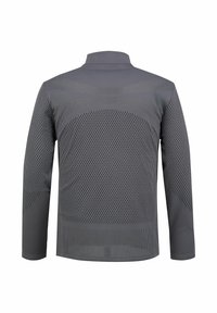 Gray long-sleeve jacket with a mesh pattern, high collar, and breathable perforations visible on the back and sleeves.