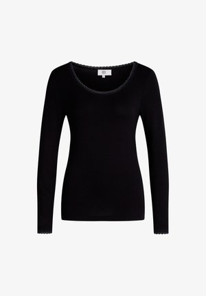 Melns garām piedurknēm tops ar apaļu kakla izgriezumu, kuram ir viļņota mala. Izgatavots no gluda auduma, tam ir pieguļošas piedurknes un izteikta forma.