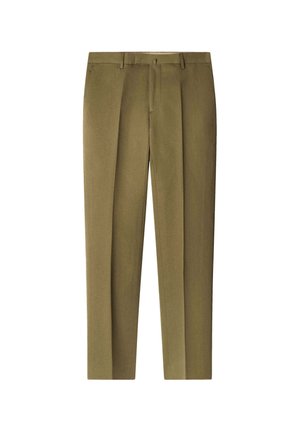 Pantaloni kaki, caratterizzati da una vestibilità dritta, con una piega frontale, passanti per cintura e una texture liscia.