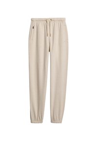 Pantaloni jogger beige realizzati in un tessuto morbido, con vita elasticizzata e cordino, e polsini elastici alle caviglie. Una tasca laterale visibile.