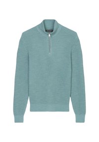 Pull en maille côtelée dans un bleu sarcelle doux et discret avec un col montant zippé. Comprend des manches longues et un ourlet ajusté pour une silhouette épurée.