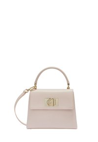 Borsa a tracolla in pelle rosa chiaro con forma strutturata, manico superiore e tracolla staccabile. Presenta una chiusura in tono oro e dettagli con logo.