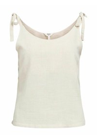 Débardeur beige clair en lin, avec des bretelles à nœud ajustables, un col rond, et une finition texturée avec une coupe décontractée.