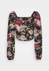 Top cropped a maniche lunghe di colore nero con un vivace motivo floreale in rosso, rosa e verde, realizzato in morbido tessuto e con scollo quadrato.