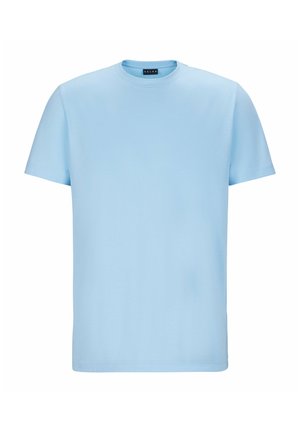 Lichtblauw katoenen t-shirt met een ronde hals, korte mouwen en een zachte textuur. Geen zichtbare patronen of versieringen.