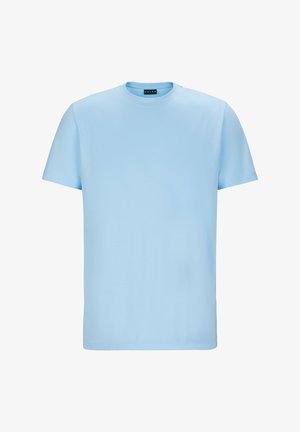 Lichtblauw katoenen t-shirt met een ronde hals, korte mouwen en een zachte textuur. Geen zichtbare patronen of versieringen.