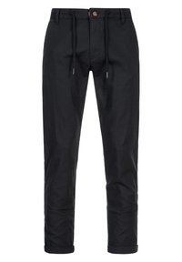 Pantalons en coton noirs avec taille à cordon de serrage, fermeture à bouton, jambes fuselées et ourlets roulés. Texture lisse, design minimaliste.