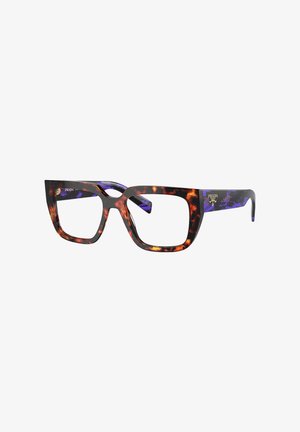 Lunettes carrées surdimensionnées Prada à motif écaille de tortue, avec des teintes foncées et ambrées, et des accents violets sur les branches.