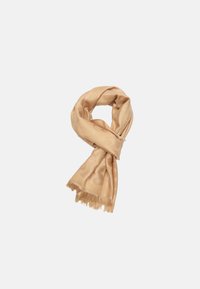 Light beige scarf made of soft material, featuring a subtle pattern. Finished with fringed edges for added texture and detail.