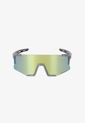 Graue Sportsonnenbrille mit einem reflektierenden gelb-grünen Glas und Belüftungsöffnungen an den gebogenen Bügeln.