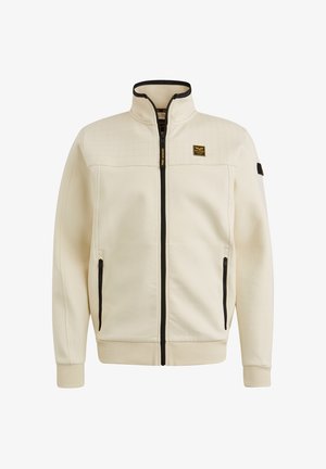 Weiße Zip-Jacke mit gepolstertem Kragen, gestepptem Textur an den Schultern, schwarzem Reißverschluss und seitlichen Taschen mit schwarzem Besatz.