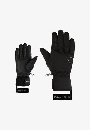 Black gloves with a textured leather palm, padded insulation, adjustable wrist cuffs, and reflective accents. Features a GORE-TEX label.