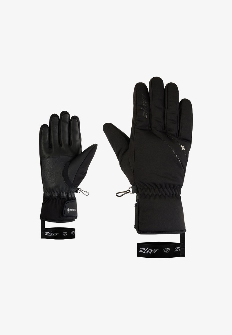 Schwarze Handschuhe mit einer strukturierten Lederhandfläche, gepolsterter Isolierung, verstellbaren Handgelenkverschlüssen und reflektierenden Akzenten. Mit einem GORE-TEX-Label.