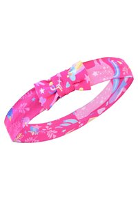 Różowa opaska na głowę z kokardą, ozdobiona wzorem kolorowych ilustracji, w tym serc, kwiatów i fantazyjnych elementów.