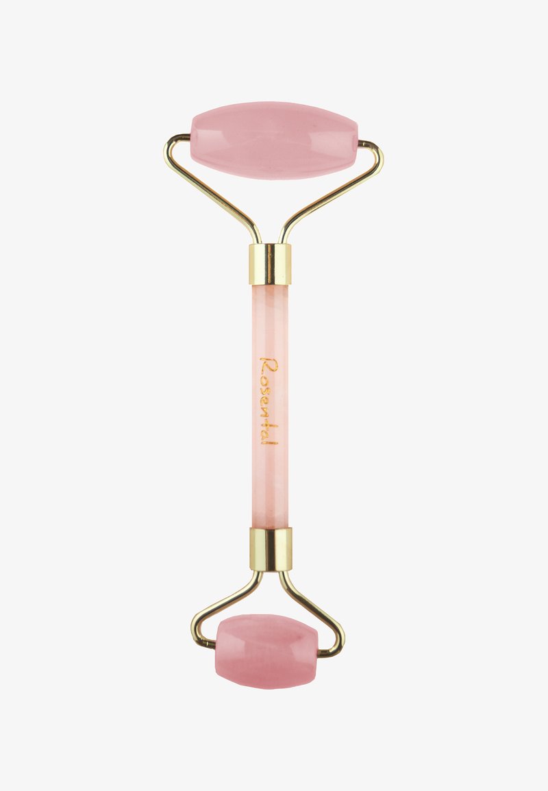 Rullo facciale in quarzo rosa con una testa in pietra liscia di colore rosa, accenti metallici dorati e un manico rosa che presenta il nome del marchio "Rosental."