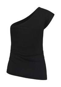 Haut noir ajusté à une épaule avec une manche courte sur le côté droit et un détail froncé sur le côté gauche près de la taille.