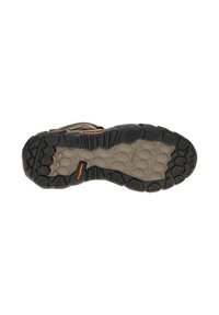 Men's outdoor shoe sole with deep treads, rugged black rubber, and textured light gray midsole. Includes branding in orange near the heel.