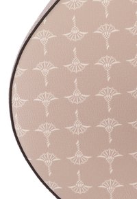Custodia rotonda in similpelle con uno sfondo beige delicato, caratterizzata da un motivo a ventaglio bianco ripetuto e un bordo scuro.