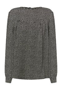 Blouse noire à manches longues avec un motif floral en blanc. Tissu léger avec des détails froncés au niveau de l'encolure et des poignets élastiques.