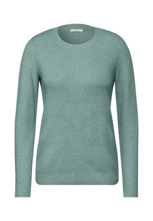 Stickad tröja i mjuk mintgrön, med ett geometriskt mönster, långa ärmar och rund halsringning med ribbade muddar och nederkant.