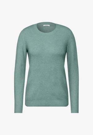 Gestrickter Pullover in sanftem Mintgrün, mit geometrischem Muster, langen Ärmeln und einem runden Ausschnitt mit gerippten Bündchen und Saum.