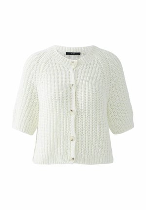 White knitted cardigan with short sleeves, round neckline, and button closure. Textured fabric with a loose fit and ribbed hem.