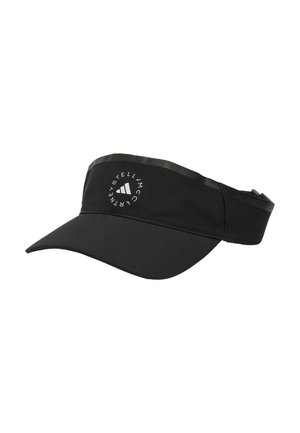 Black visor with a curved brim, made of lightweight fabric. Features a logo on the front and an adjustable strap at the back.