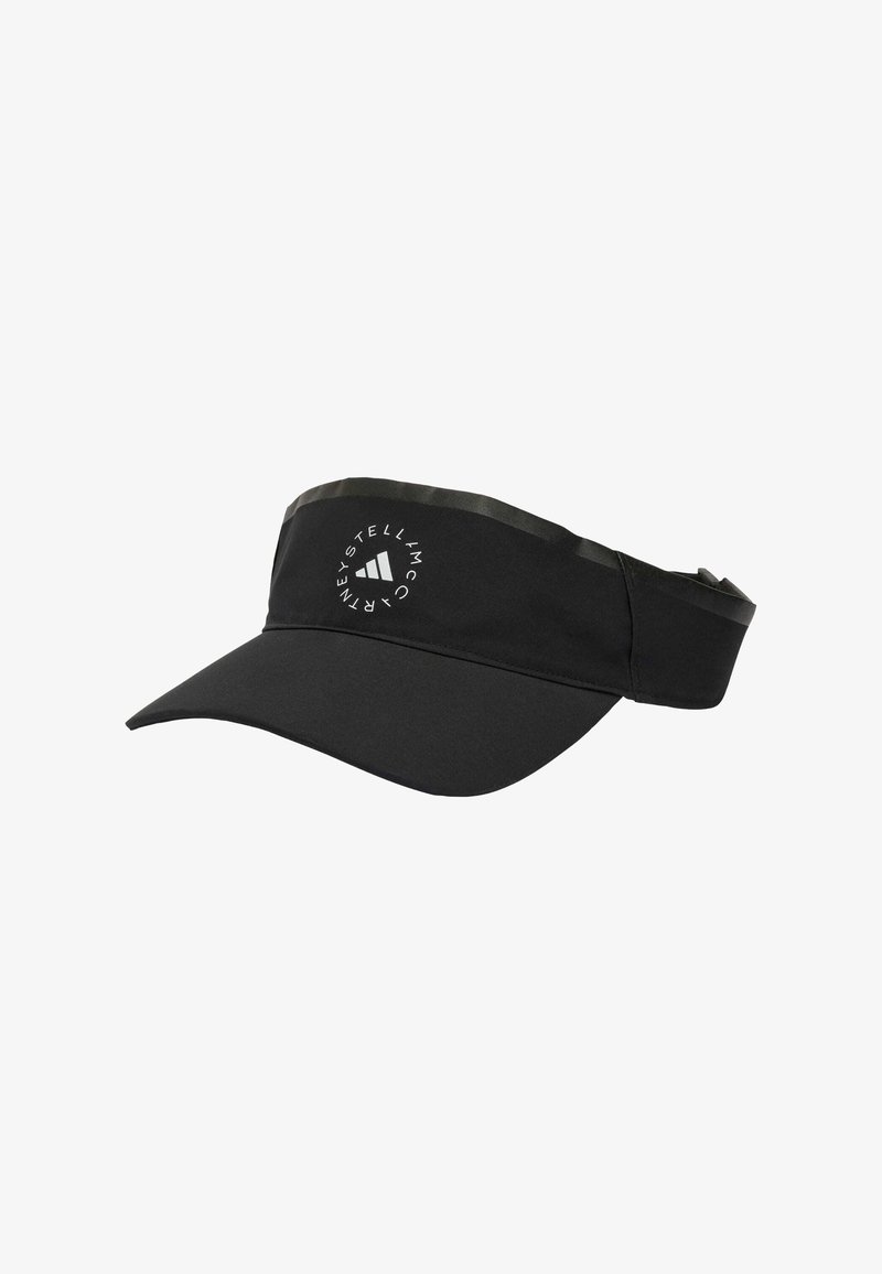 Black visor with a curved brim, made of lightweight fabric. Features a logo on the front and an adjustable strap at the back.