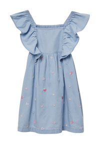 Light blue, cotton dress with ruffled shoulder straps, embroidered flowers and strawberries, cinched waist, and flared skirt.