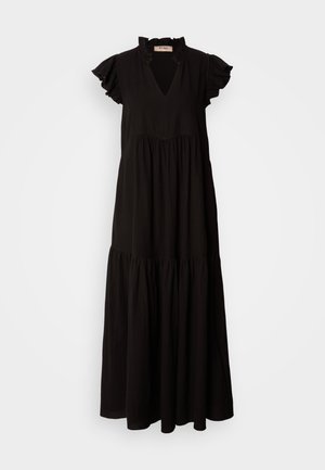 Abito lungo nero con scollatura a V, maniche corte con rouches, gonna a strati e corpetto arricciato. Realizzato in tessuto leggero e testurizzato.