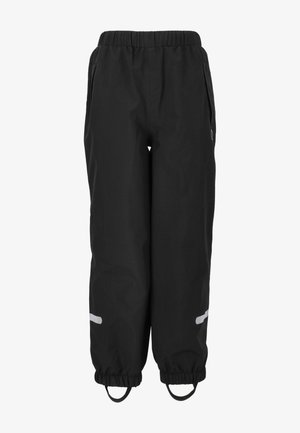 Mustat vedenpitävät housut, joissa on joustava vyötärö, joustavat hihnat ja heijastavat yksityiskohdat sivuilla. Varustettu taskuilla säilytystä varten.