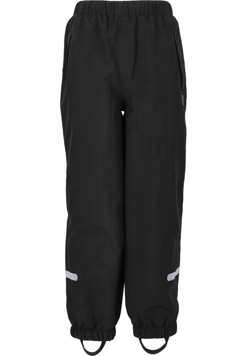 Schwarze wasserdichte Hose mit elastischem Bund, elastischen Bündchen und reflektierenden Akzenten an den Seiten. Verfügt über Taschen zur Aufbewahrung.