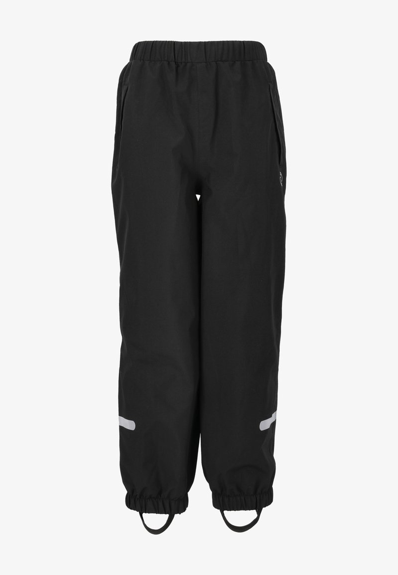 Schwarze wasserdichte Hose mit elastischem Bund, elastischen Bündchen und reflektierenden Akzenten an den Seiten. Verfügt über Taschen zur Aufbewahrung.