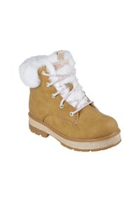 Tan faux suède ank.boot med vit faux fur-krage, vadderad tunga, glittrande sula och rosa snören. Har metallöglor och varumärkesetikett.