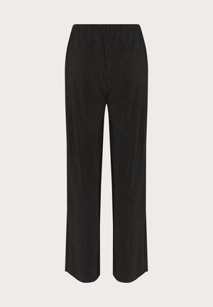 Pantaloni neri a gamba larga con elastico in vita. Il tessuto presenta un sottile motivo a trama, che arricchisce il design complessivo.