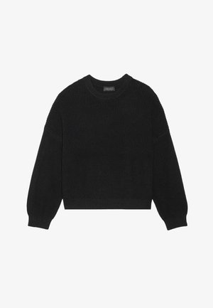 Suéter negro de punto con escote redondo, longitud corta y mangas voluminosas con puños acanalados. Tejido texturizado con un patrón liso.