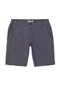 Grijze shorts van gestructureerde stof, met een knoopsluiting, riemlussen en twee voordo pockets. Knie-lange snit met schone randen.