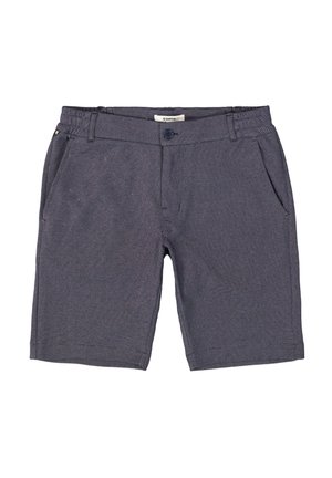 Pantaloni corti grigi realizzati in tessuto testurizzato, con chiusura a bottone, passanti per la cintura e due tasche anteriori. Taglio a lunghezza ginocchio con bordi puliti.